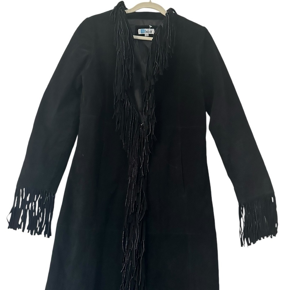 VTG B Lucid Black Suede Fringe Duster Jacket XS Boho Festival Coat - Picture 6 of 16